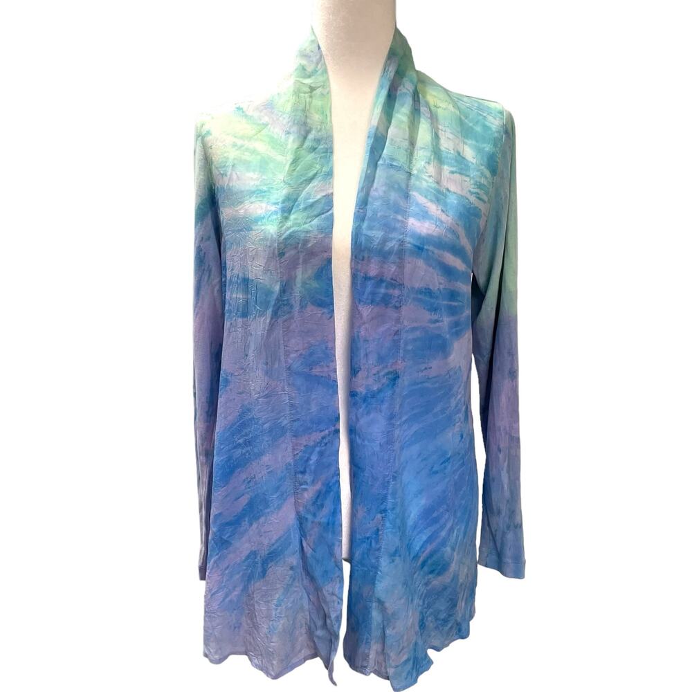 Barbara Lesser Open Front Cardigan Sweater S Watercolor Art to Wear
